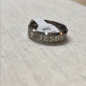 Stainless steel ring inscribed with Jesus